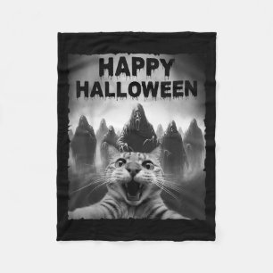 Funny Cat Selfie With Ghosts Halloween Costume Day Fleece Blanket