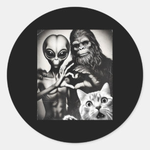 Funny Cat Selfie With Romantic Bigfoot In Love Wit Classic Round Sticker