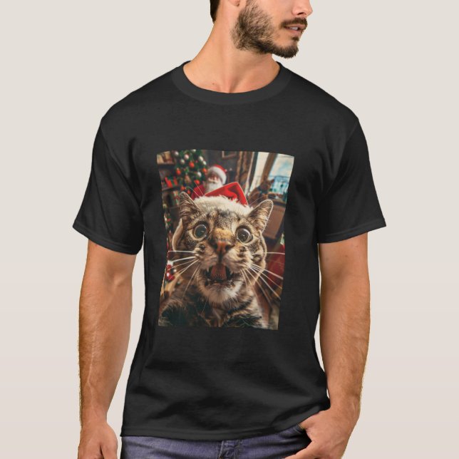 Funny Cat Selfie With Santa Christmas T-Shirt (Front)
