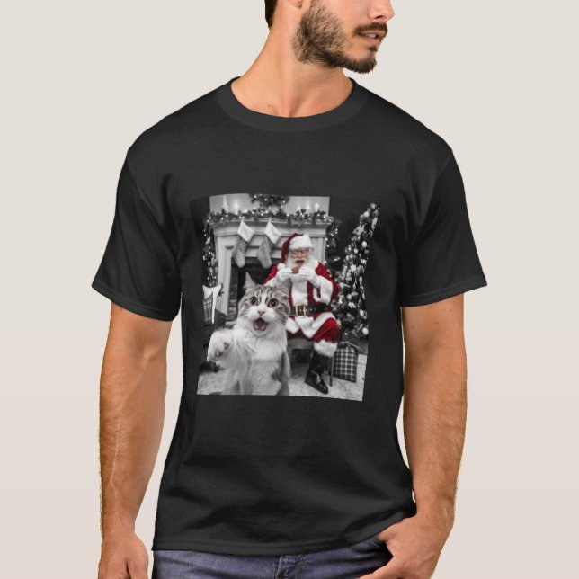 Funny Cat Selfie with Santa Christmas T-Shirt (Front)