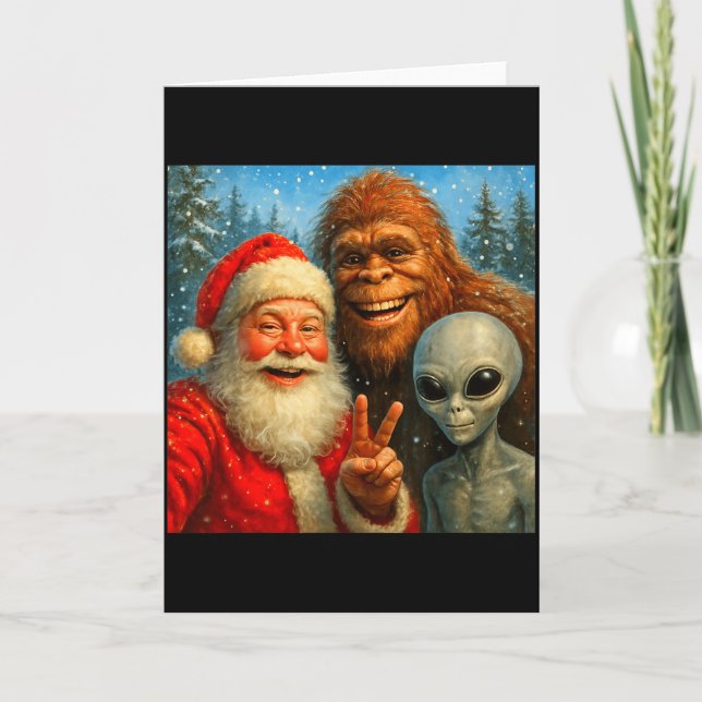 Funny Cat Selfie With Santa Claus &amp; Bigfoot Me Card (Front)