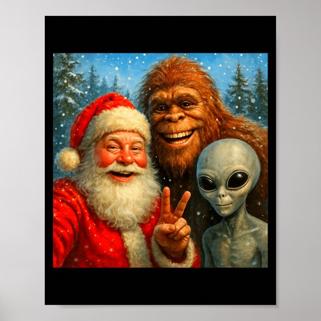 Funny Cat Selfie With Santa Claus &amp; Bigfoot Me Poster (Front)