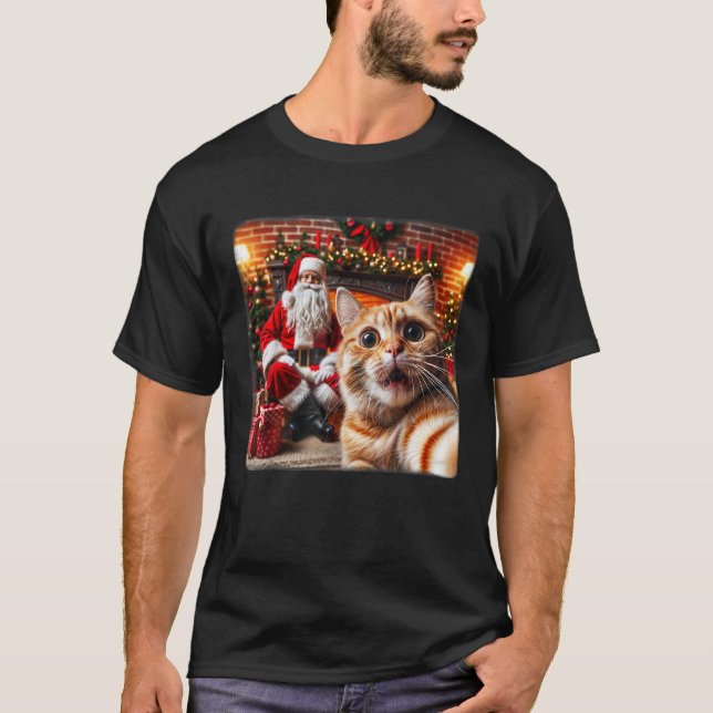 Funny Cat Selfie With Santa Claus Christmas Holida T-Shirt (Front)