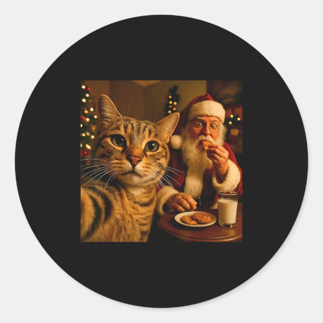 Funny Cat Selfie With Santa Claus Christmas Meme  Classic Round Sticker (Front)