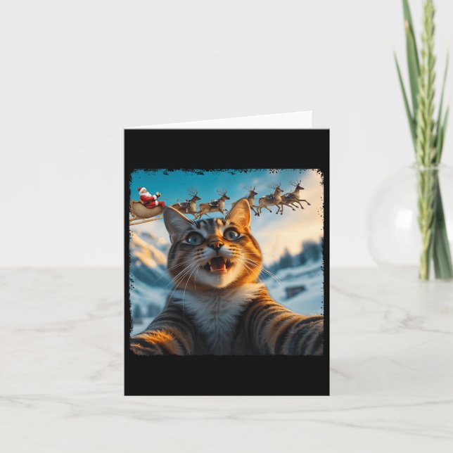Funny Cat Selfie With Santa Sleigh Christmas Xmas  Card (Front)