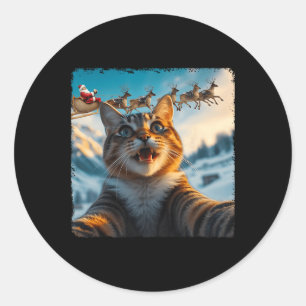 Funny Cat Selfie With Santa Sleigh Christmas Xmas Classic Round Sticker