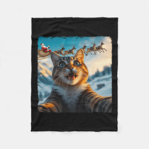 Funny Cat Selfie With Santa Sleigh Christmas Xmas Fleece Blanket