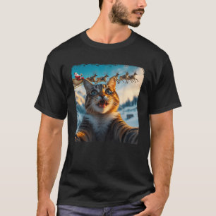 Funny Cat Selfie With Santa Sleigh Christmas Xmas  T-Shirt