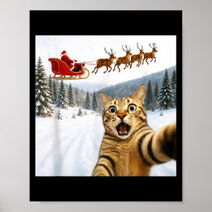 Funny Cat Selfie With Santa Sleigh Reindeer Xmas C Poster