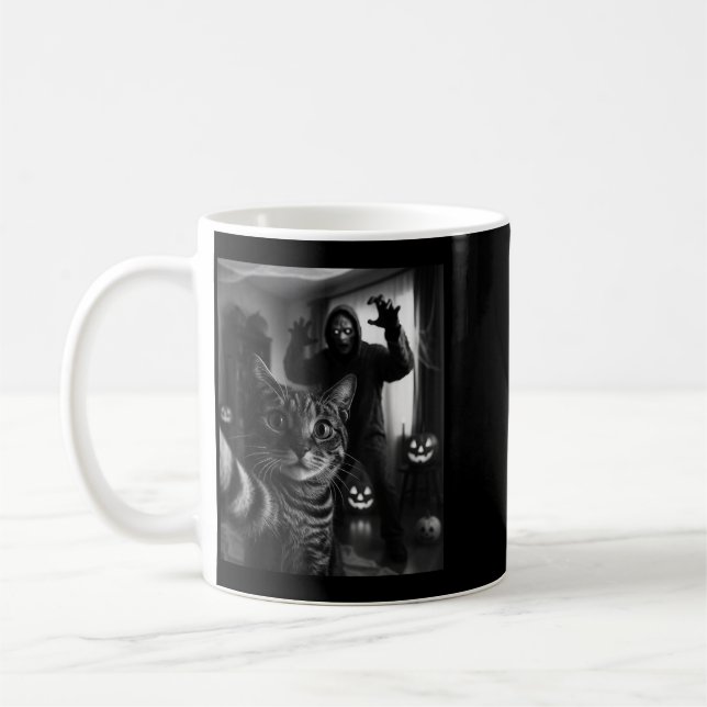 Funny Cat Selfie With Skeleton Scary Halloween Coffee Mug (Left)