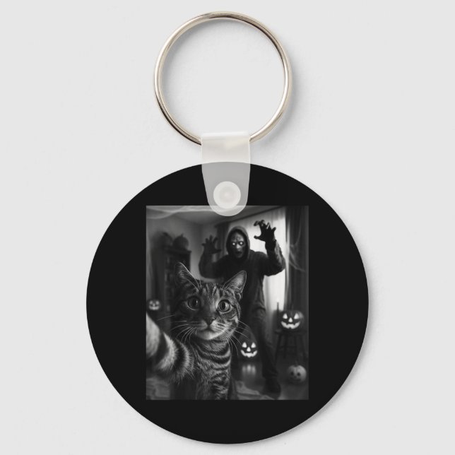 Funny Cat Selfie With Skeleton Scary Halloween Key Ring (Front)