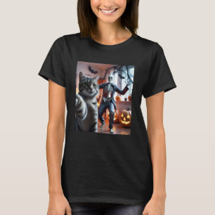 Funny Cat Selfie with Skeleton Scary Halloween Mem T-Shirt