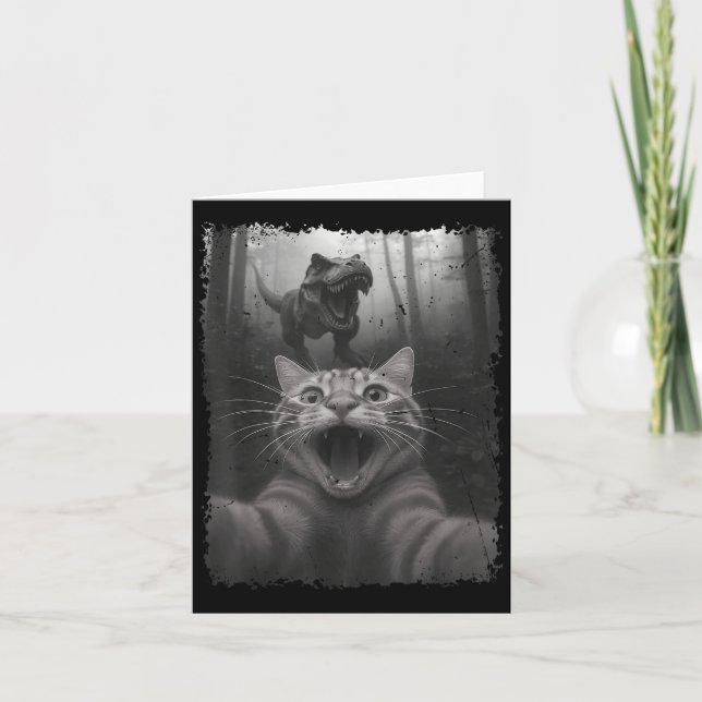 Funny Cat Selfie With T-rex Dinosaur Black And Whi Card (Front)