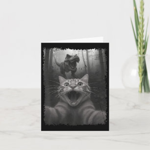 Funny Cat Selfie With T-rex Dinosaur Black And Whi Card