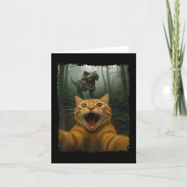 Funny Cat Selfie With T-rex Dinosaur  Card (Front)