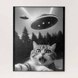 Funny Cat Selfie with UFO Alien Drones Jigsaw Puzzle