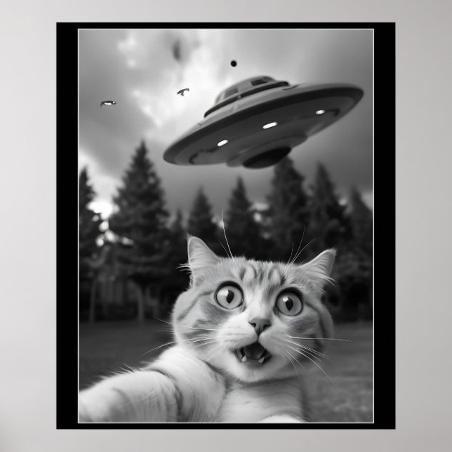 Funny Cat Selfie with UFO Alien Drones Poster (Front)