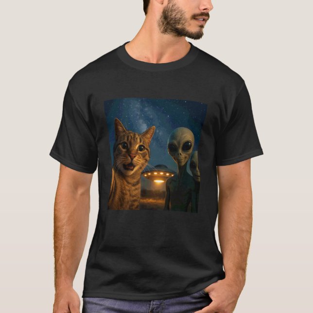 Funny Cat Selfie with UFO Alien Meme T-Shirt (Front)