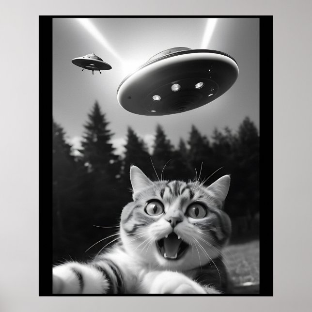  Funny Cat Selfie with UFO Alien Poster (Front)