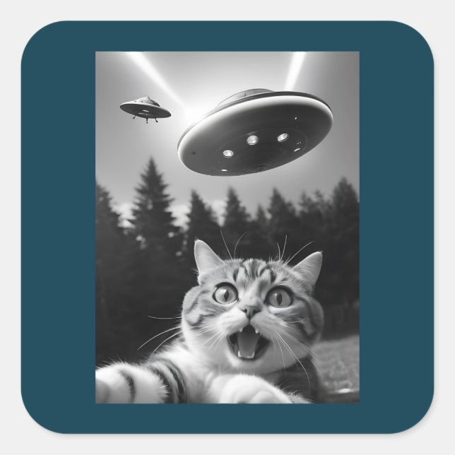  Funny Cat Selfie with UFO Alien Square Sticker (Front)