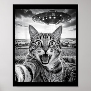 Funny Cat Selfie with UFO Alien Vintage Graphic Poster