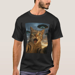 Funny Cat Selfie with UFOs Men Women Kids T-Shirt