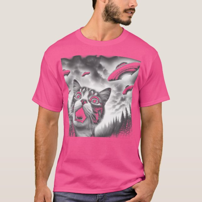 Funny Cat Selfie With Ufos T-Shirt (Front)