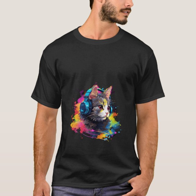 Funny Cat Shirt with Headphones Gamer Music Style  (Front)