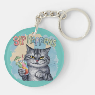 Funny Cat Sip Happens Key Ring