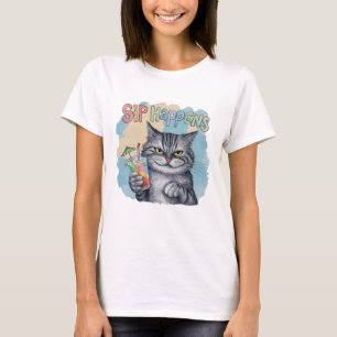 Funny Cat Sip Happens  T-Shirt