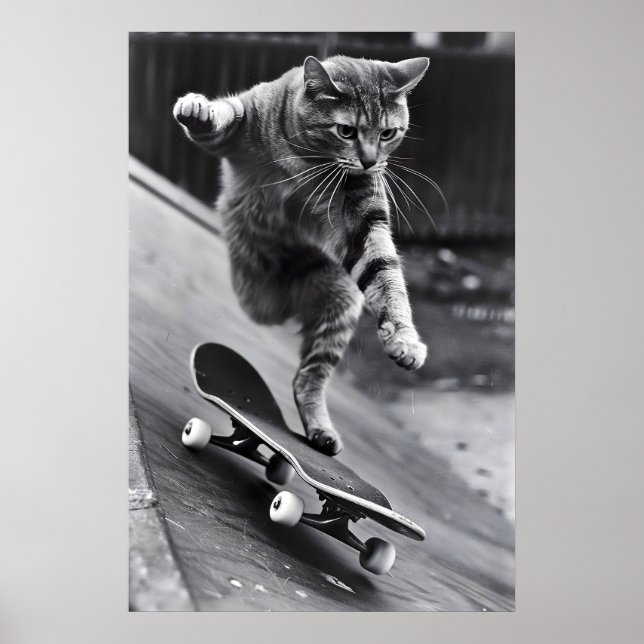 Funny Cat Skateboarding Print Vintage Black (Front)