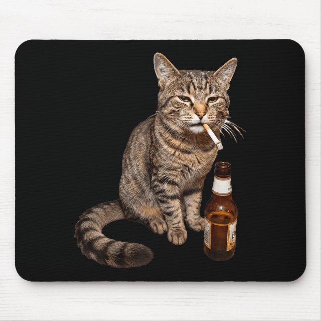 Funny cat smoking drinking beer meme stupid mouse mat (Front)