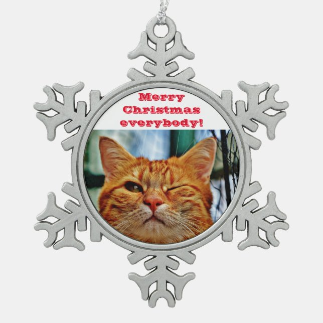 Funny cat snowflake pewter christmas ornament (Front)