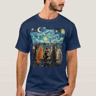 Funny Cat Starry Night Van Gogh Cats Rooftop Scene T-Shirt