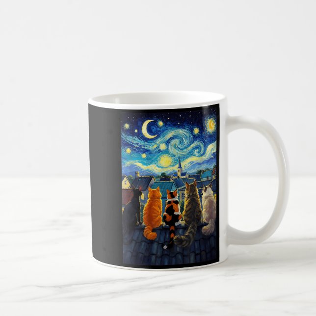 Funny Cat Starry Night Van Gogh Style Rooftop Coffee Mug (Right)