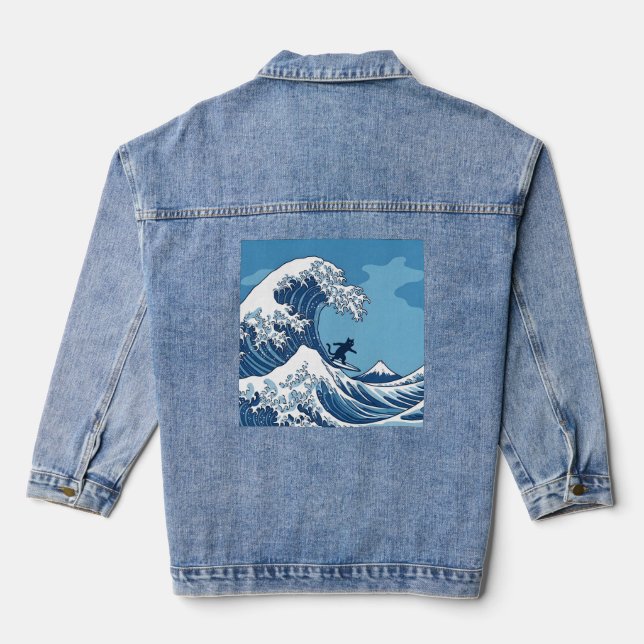 Funny Cat Surfing Great Wave Off Kanagawa - Japane Denim Jacket (Back)