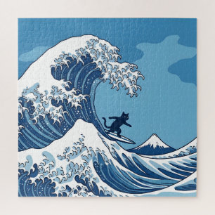 Funny Cat Surfing Great Wave Off Kanagawa - Japane Jigsaw Puzzle