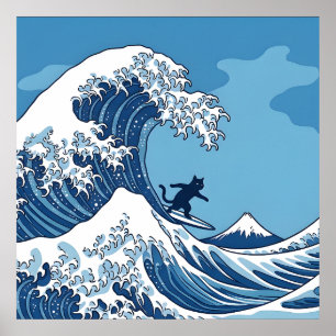 Funny Cat Surfing Great Wave Off Kanagawa - Japane Poster