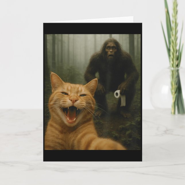 Funny Cat Surprised Happy Selfie With Bigfoot Sasq Card (Front)