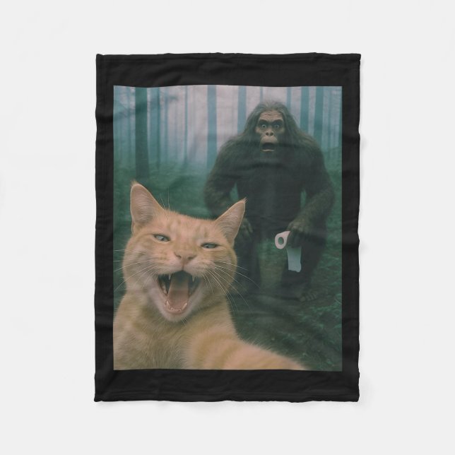 Funny Cat Surprised Happy Selfie With Bigfoot Sasq Fleece Blanket (Front)