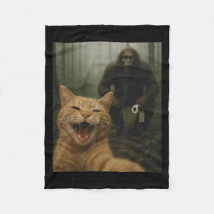 Funny Cat Surprised Happy Selfie With Bigfoot Sasq Fleece Blanket