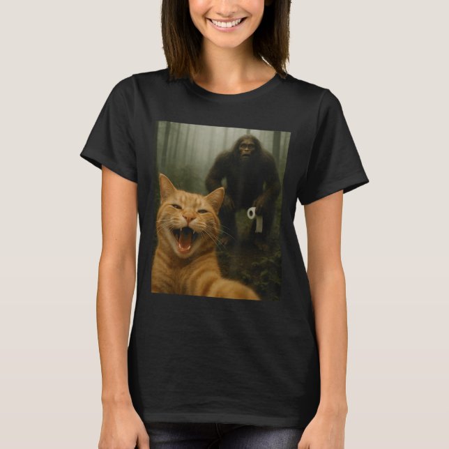 Funny Cat Surprised Happy Selfie With Bigfoot Sasq T-Shirt (Front)