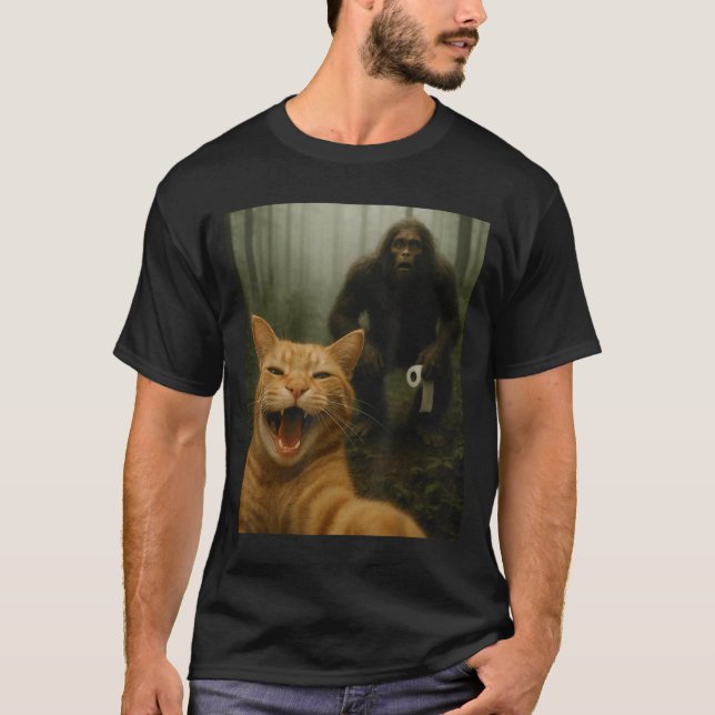 Funny Cat Surprised Happy Selfie With Bigfoot Sasq T-Shirt (Front)