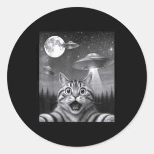 Funny Cat Taking Selfie In A Forest With Ufo Men W Classic Round Sticker