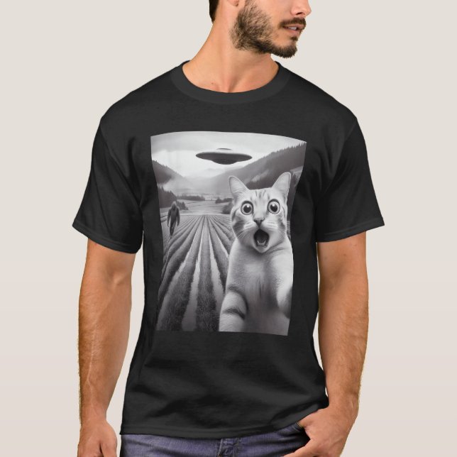 Funny Cat Taking Selfie with UFO Alien and Bigfoot T-Shirt (Front)