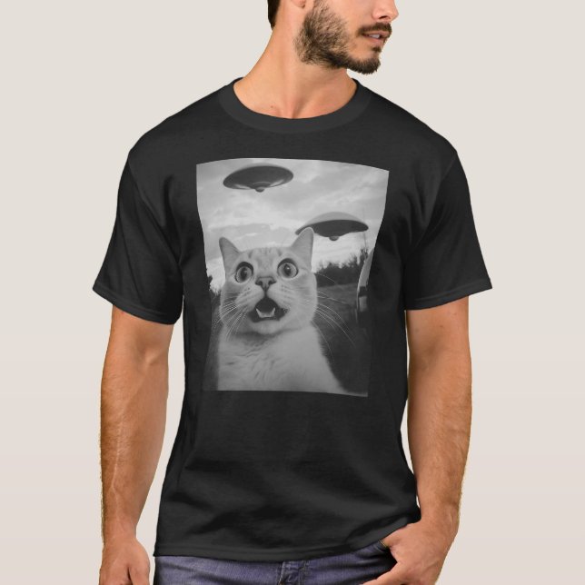 Funny Cat Taking Selfie with UFOs In A Forest, Cat T-Shirt (Front)