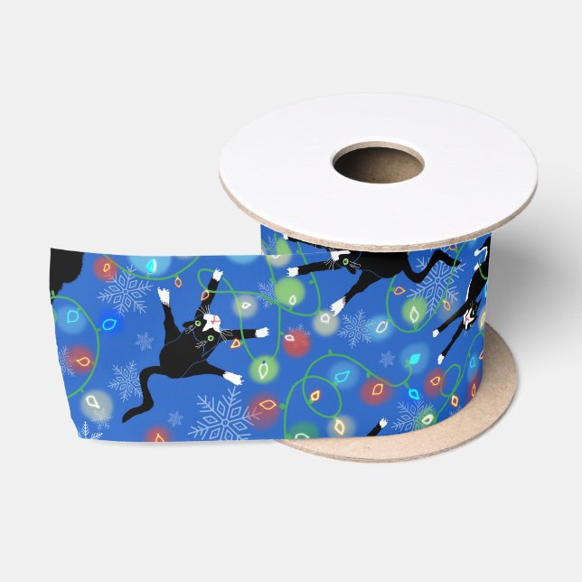Funny Cat Tangled in Christmas Lights  Satin Ribbon (Spool)