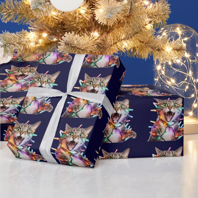 Funny Cat Tangled in Christmas Lights Wrapping Paper (Holidays)