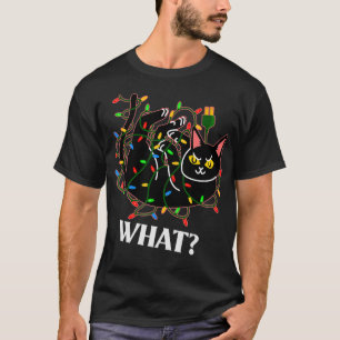 Funny Cat Tangled in Christmas Tree Lights Says WH T-Shirt