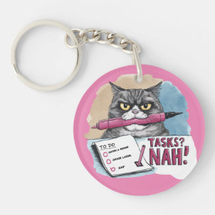Funny Cat To-Do List Pink Key Ring